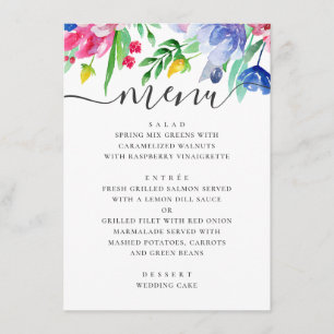 Menu Mariage de jardin floral rose et bleu à l'aquarell