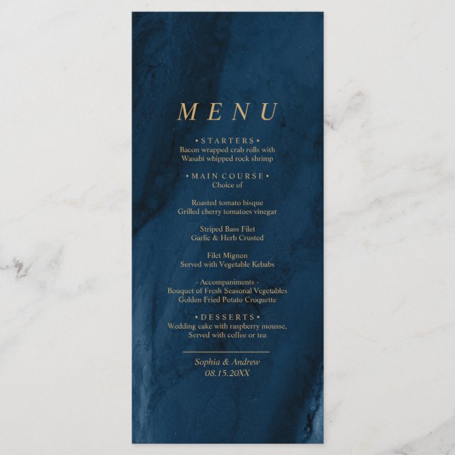 Menu Mariage de la calligraphie bleu et or Marine (Devant)