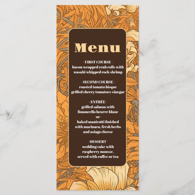 Menu Mariage de l'Art Nouveau Floral Orange Brûlé (Devant)