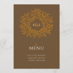Menu mariage de monogramme Brown en feuille de botaniqu