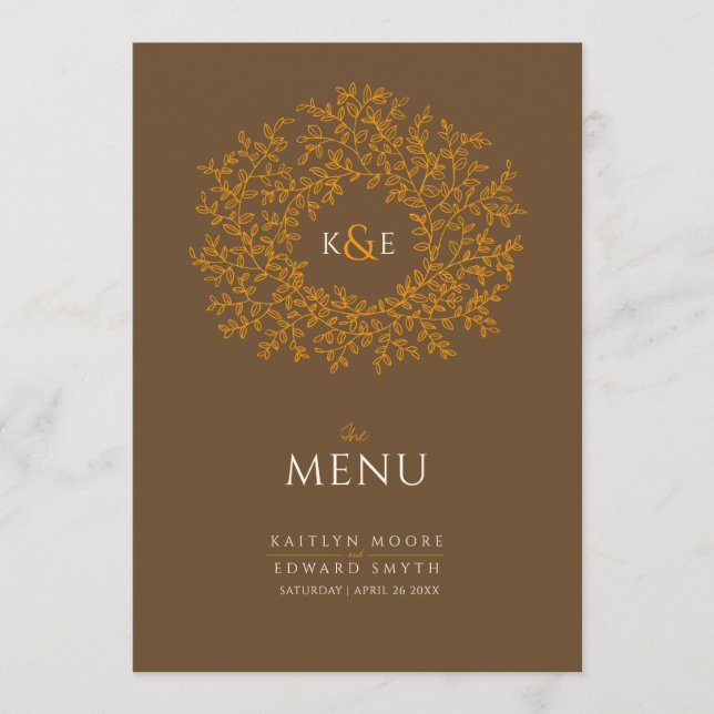 Menu mariage de monogramme Brown en feuille de botaniqu (Devant)