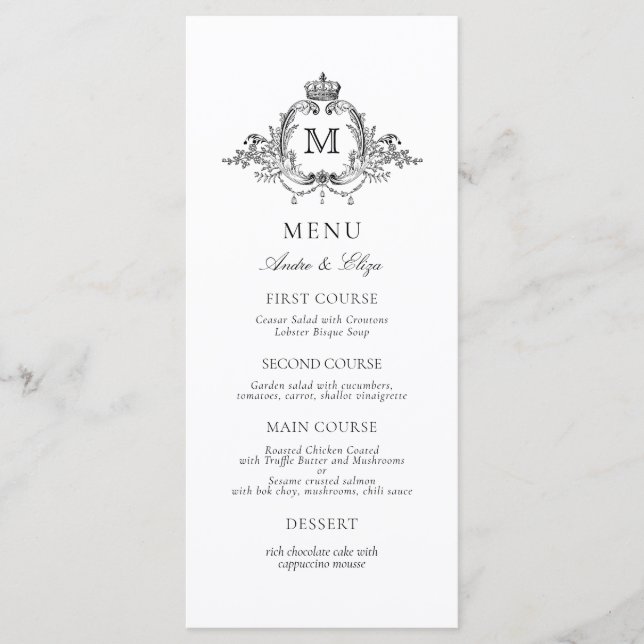 Menu Mariage de monogramme de couronne royale (Devant)
