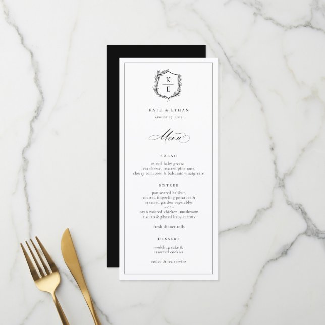 Menu Mariage de monogramme de crête botanique (Devant/Arrière en situation)