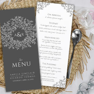 Menu Mariage de monogramme de dessin de feuille grise e