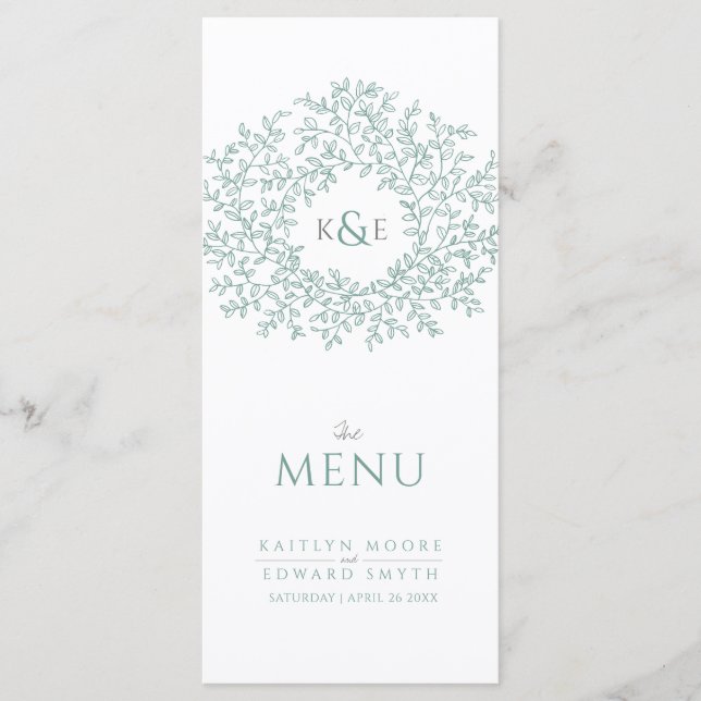 Menu Mariage de monogramme de dessin de la feuille végé (Devant)