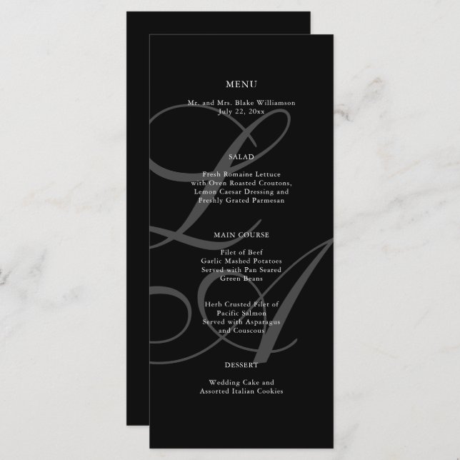Menu Mariage de Monogramme noir et blanc romantiqu (Devant / Derrière)