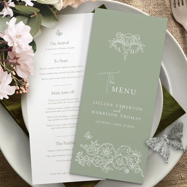 Menu Mariage de monogramme vert Sage fleur de lis (Créateur téléchargé)
