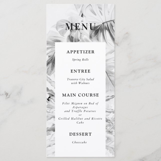 Menu Mariage de Monstera Tropicale Noir Blanc (Devant)