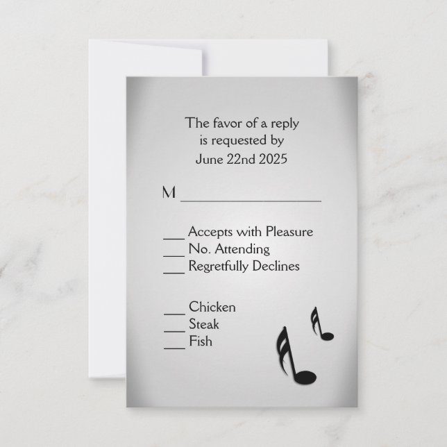Menu Mariage de musique en argent Choix RSVP (Devant)