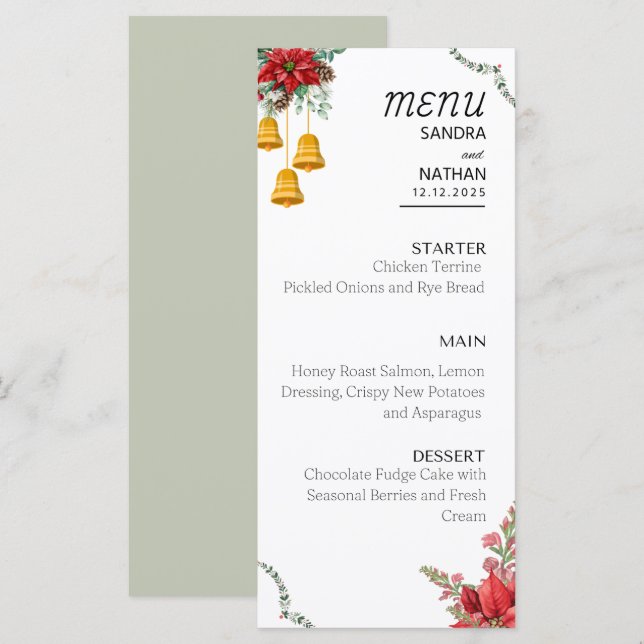 Menu mariage de Noël personnalisé (Devant / Derrière)