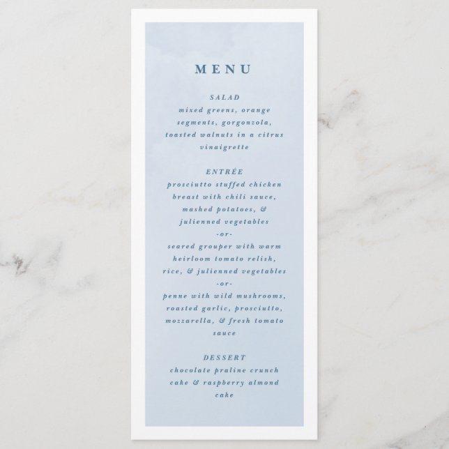 Menu Mariage de nuage d'aquarelle bleu enchantant (Devant)