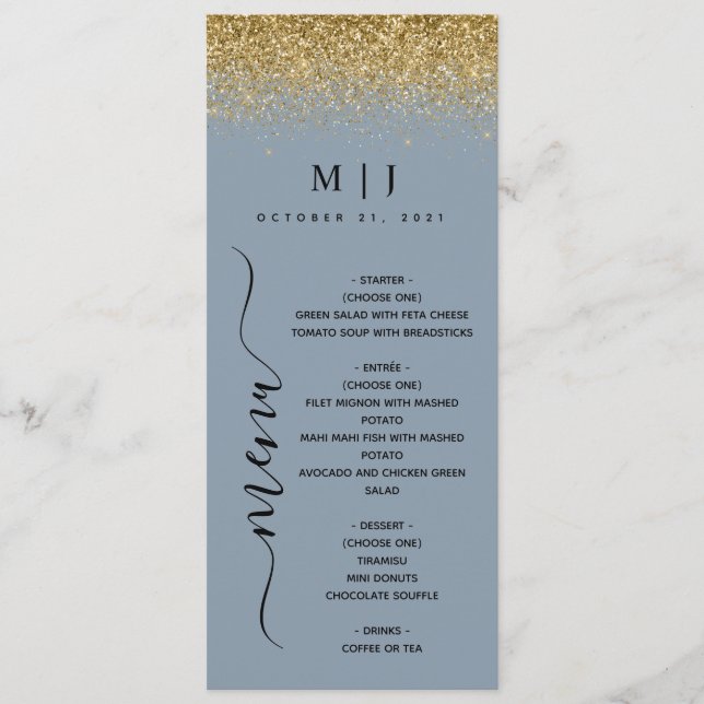 Menu Mariage de Parties scintillant Dusty Blue & Gold (Devant)