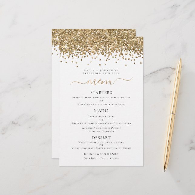 Menu Mariage de Parties scintillant Or Élégant Bud (Devant/Arrière en situation)