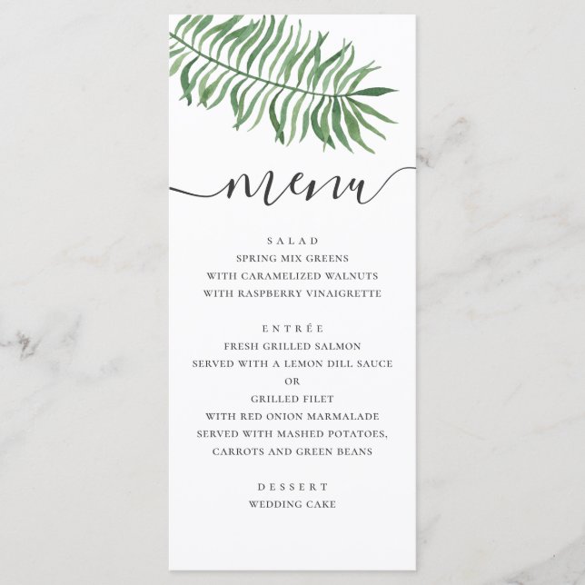 Menu Mariage de plage tropicale aquarelle. Palmier vert (Devant)