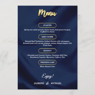 Menu Mariage de script bleu et or minimaliste marine de