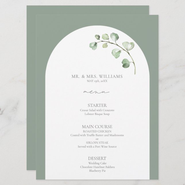 Menu Mariage de script botanique moderne Sage Green Arc (Devant / Derrière)