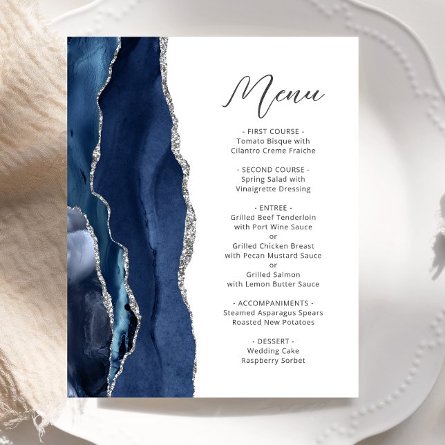 Menu Mariage de script d'agate d'argent bleu marin (Créateur téléchargé)