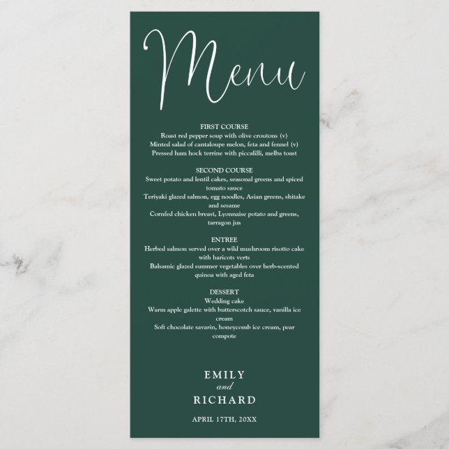 Menu Mariage de script de calligraphie Emerald Green (Devant)