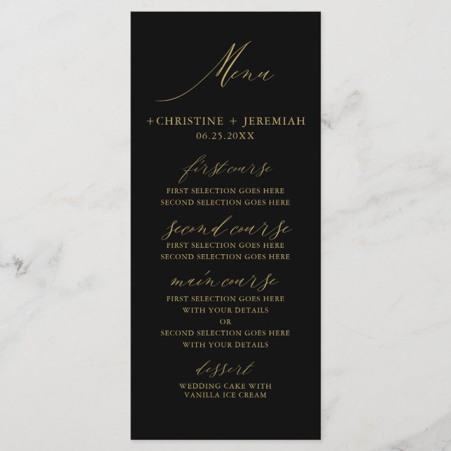 Menu Mariage de script élégant Black Gold moderne (Devant)