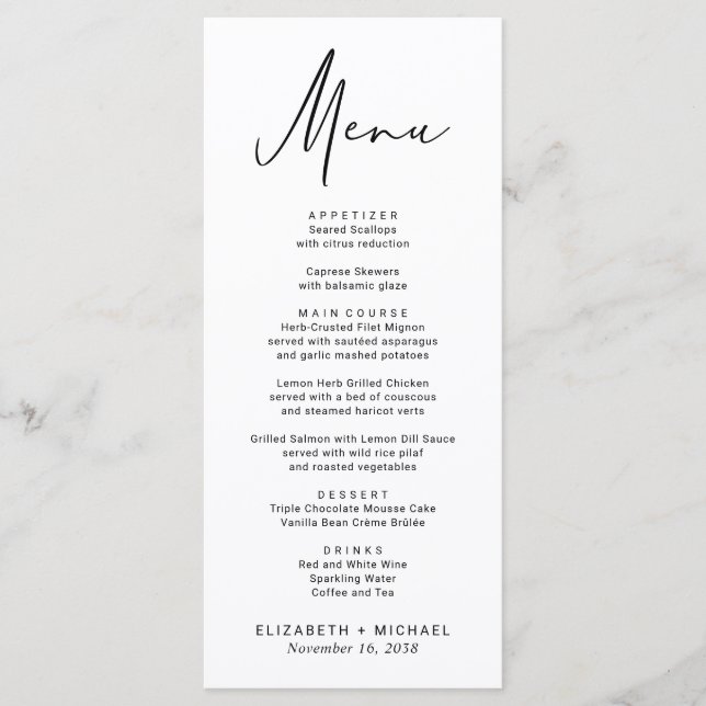 Menu Mariage de script moderne chic (Devant)