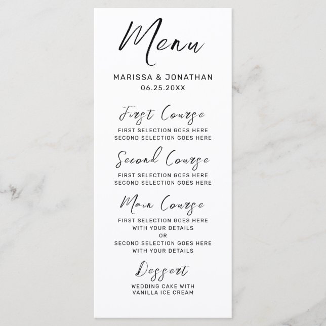 Menu Mariage de script moderne en noir blanc (Devant)