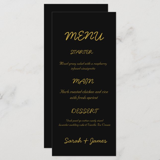 Menu Mariage de script moderne noir et or (Devant / Derrière)