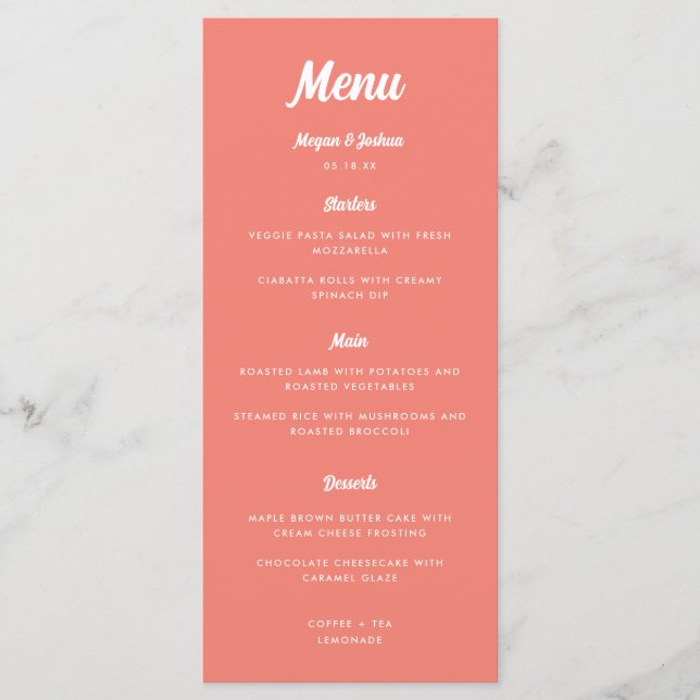 Menu Mariage de script moderne rose corail (Devant)