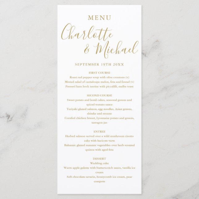 Menu Mariage de script signature simple or élégant (Devant)