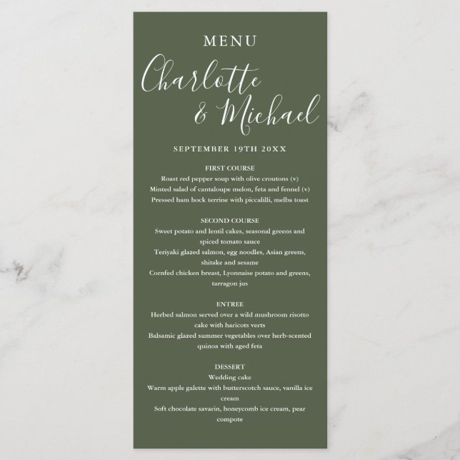 Menu Mariage de script signature vert olive (Devant)
