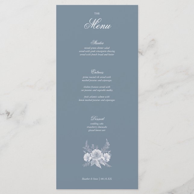 Menu Mariage de style victorien en bleu avec fleurs bla (Devant)