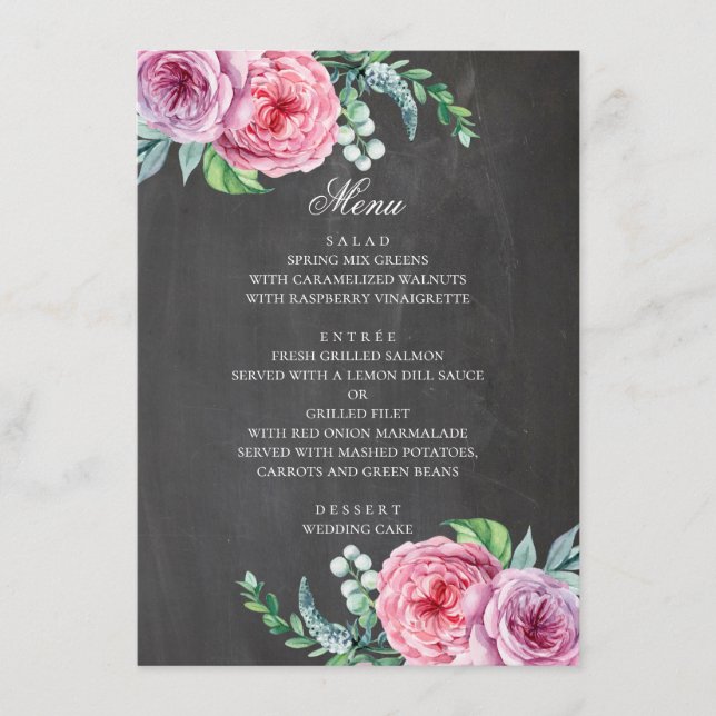 Menu Mariage de tableau de bord. Boho jardin fleurs ros (Devant)