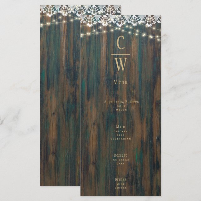 Menu Mariage de texte en or en dentelle de bois rustiqu (Devant / Derrière)