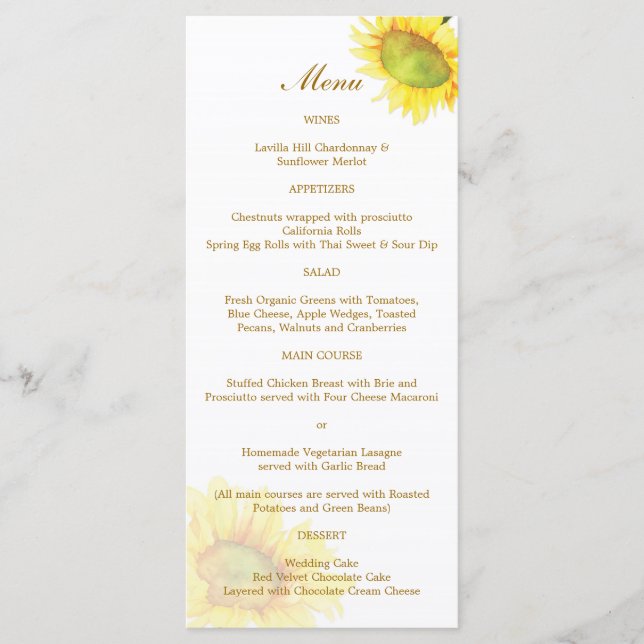 Menu Mariage de tournesol aquarelle (Devant)