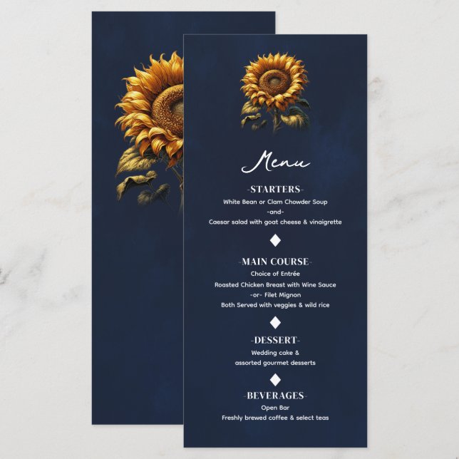 Menu Mariage de tournesol bleu rustique (Devant / Derrière)