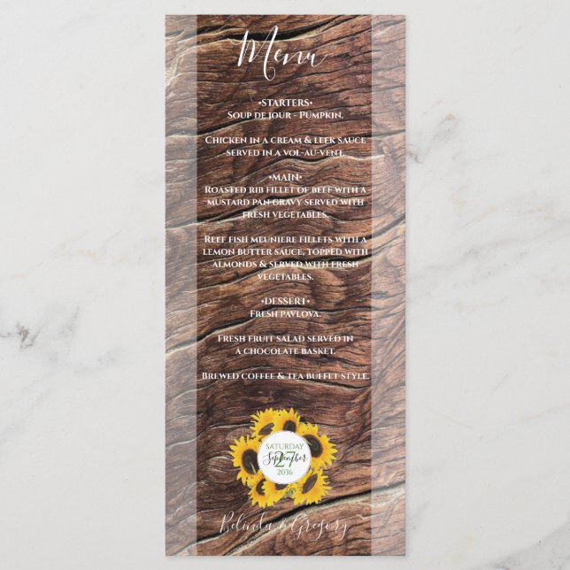 Menu Mariage de tournesol rustique (Devant)