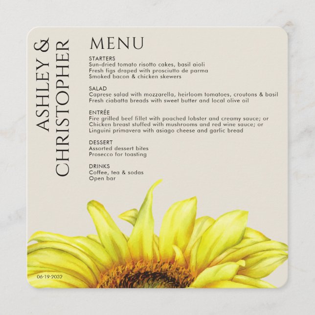 Menu Mariage de tournesol rustique moderne (Devant)