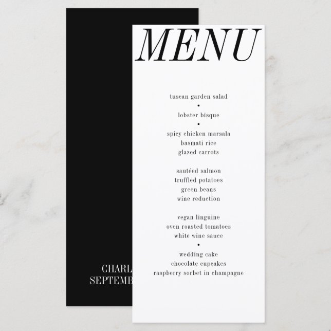 Menu Mariage de typographie noir blanc contemporain uni (Devant / Derrière)