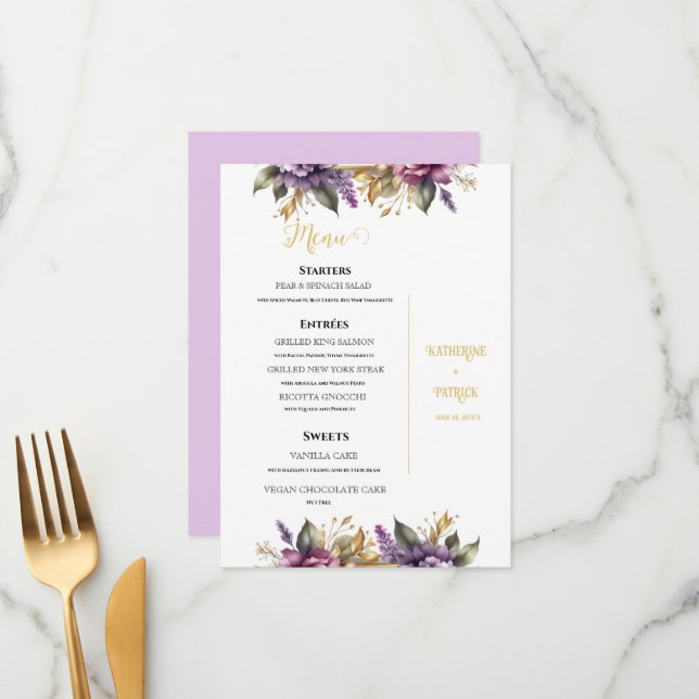 Menu Mariage de vignobles Lilac et Lavender (Devant/Arrière en situation)