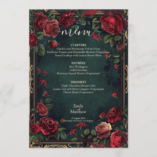 Menu Mariage d'élégance gothique victorienne (Devant)
