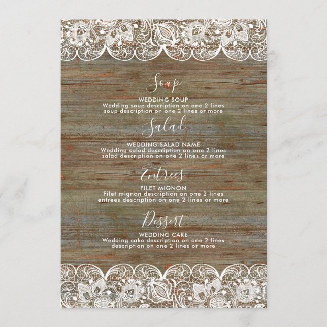 Menu Mariage dentelle blanche en bois rustique (Devant)