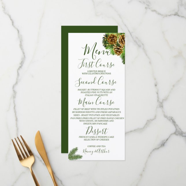 Menu Mariage des cônes de pin d'hiver (Devant/Arrière en situation)