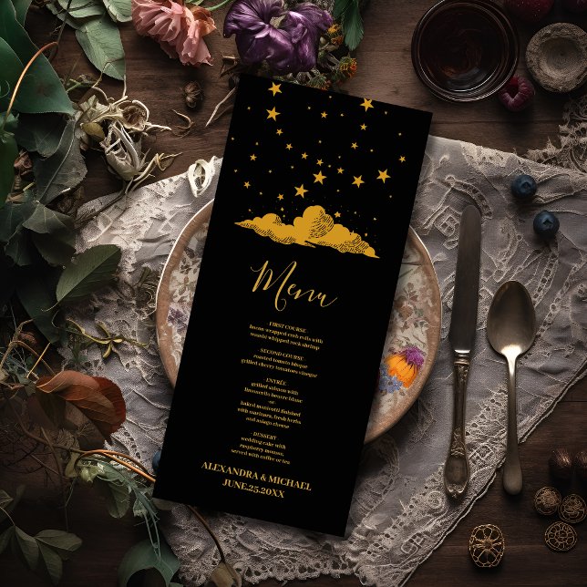 Menu Mariage des étoiles célestes mystiques d'or noir (Créateur téléchargé)