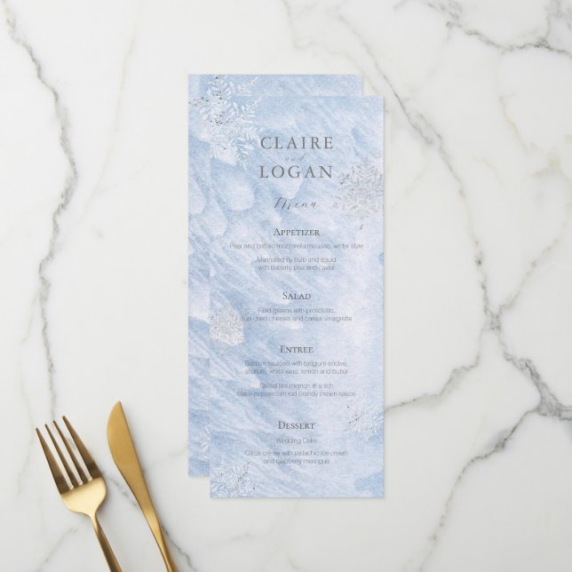 Menu Mariage des flocons d'argent d'hiver congelés (Devant/Arrière en situation)