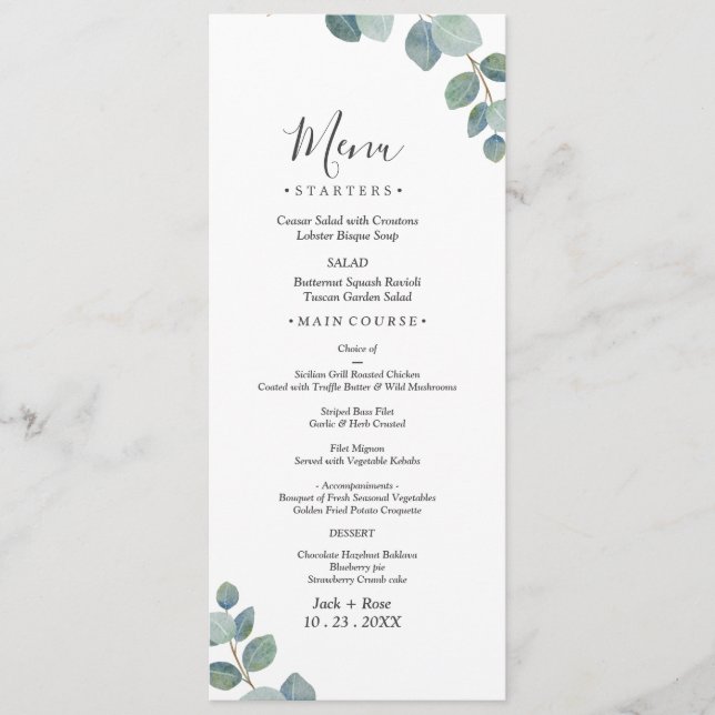 Menu Mariage d'été Eucalyptus de verdure rustique. (Devant)
