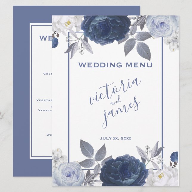 Menu Mariage D'Été Réception Florale Bleu Lumineux (Devant / Derrière)