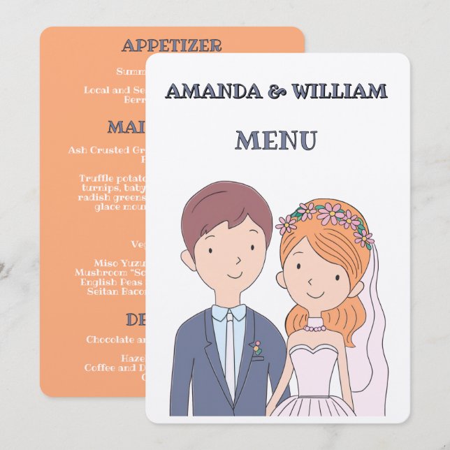 Menu Mariage d'illustration simple, semblable à un dess (Devant / Derrière)