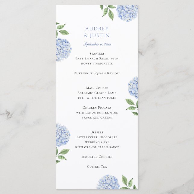 Menu Mariage Dîner Hydrangea Bleu Classique (Devant)