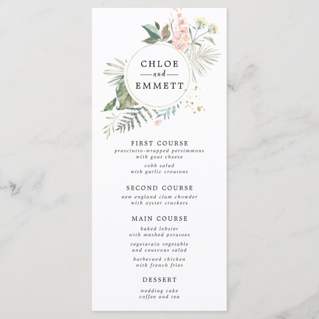 Menu Mariage d'or fleuri rose couronne botanique (Devant)