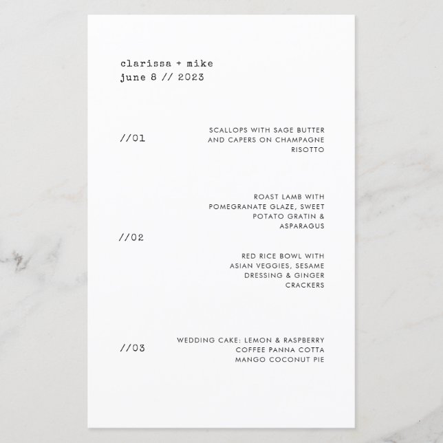 Menu Mariage du dîner ultra minimaliste (Devant)