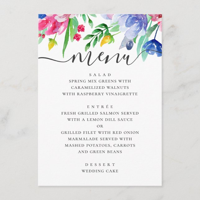 Menu Mariage d'un jardin fleuri rose et bleu (Devant)